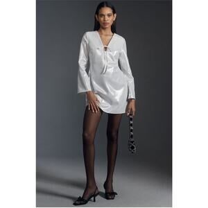 Anthropologie NWT Long Sleeve V-Neck Silver Metallic Mini Dress XS